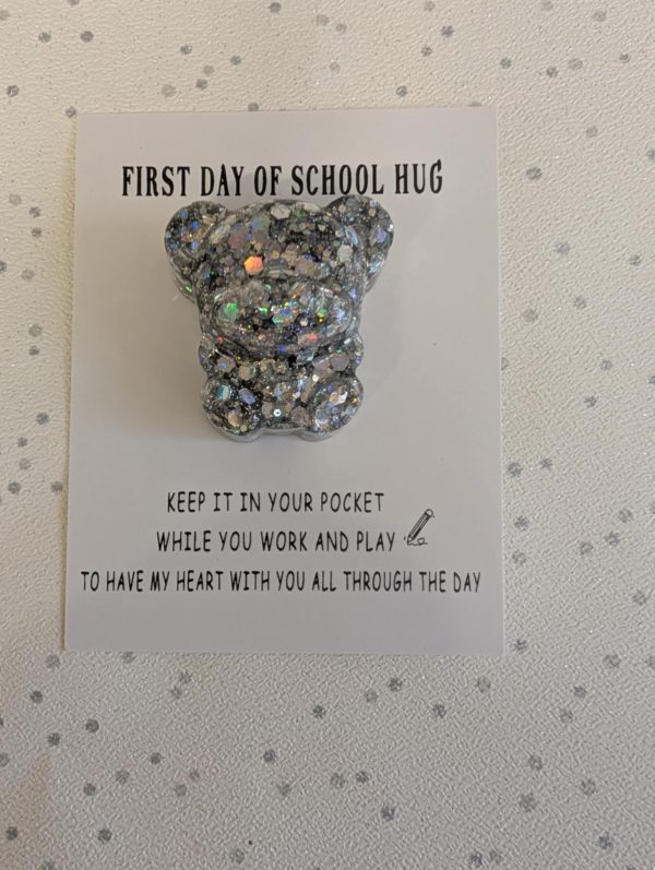 First day at school glitter resin teddy bear pocket hug